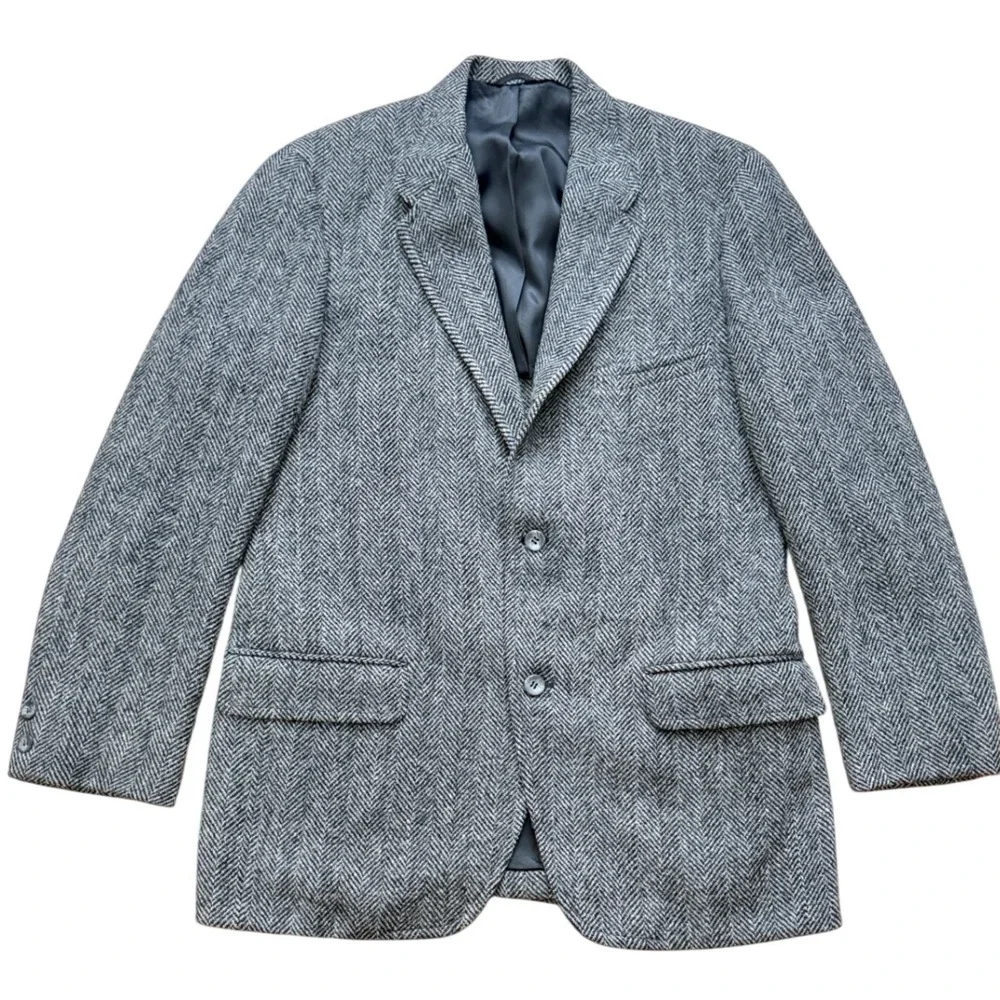 Harris Tweed Mens Grey Herringbone Wool Blazer Coat Handwoven Scotland qq06